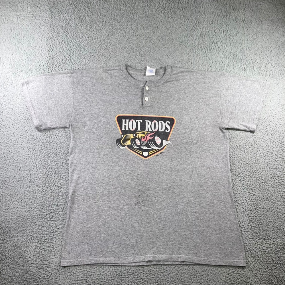 Vtg Majestic Henley T-Shirt Mens 2X Gray Hot Rods Chevy City 16 Graphic Tee